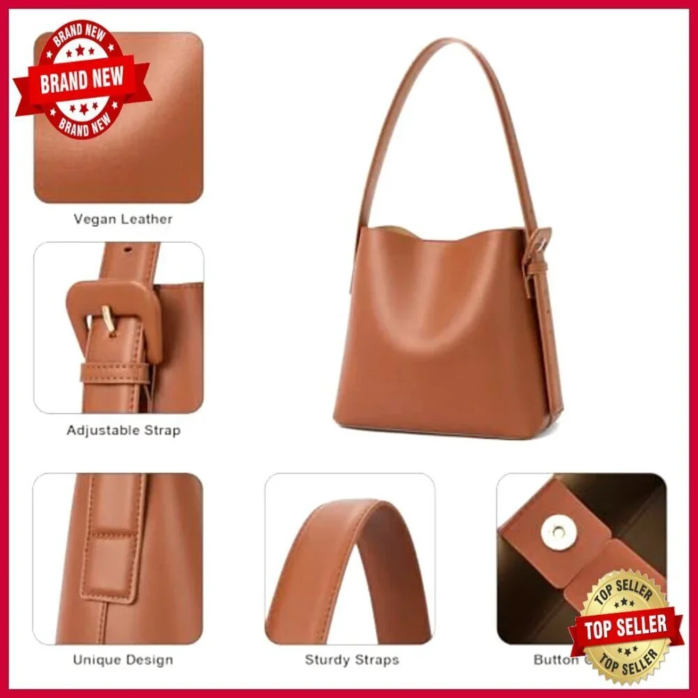 Vegan Leather Bucket Shoulder Bag Adjustable Strap Spacious Capacity